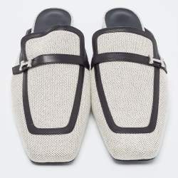 Pre Owned Hermes White/Black Canvas and Leather Groupie Mules Size 39