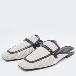 Pre Owned Hermes White/Black Canvas and Leather Groupie Mules Size 39