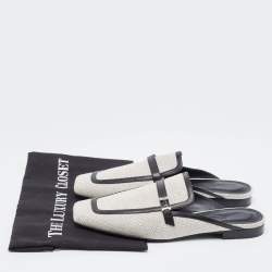 Pre Owned Hermes White/Black Canvas and Leather Groupie Mules Size 39