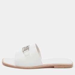 Hermes White Leather  Villa Flat Slides  Size 38