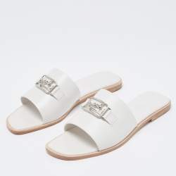 Hermes White Leather  Villa Flat Slides  Size 38