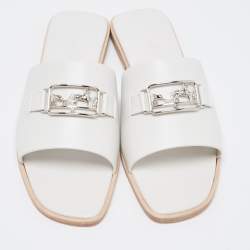 Hermes White Leather  Villa Flat Slides  Size 38