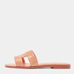 Hermes Orange Lizard Oran Slide Flats Size 38
