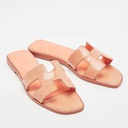 Hermes Orange Lizard Oran Slide Flats Size 38