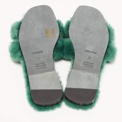 Pre Owned Hermes Green Shearling Fur Oran Flat Slides Size 37