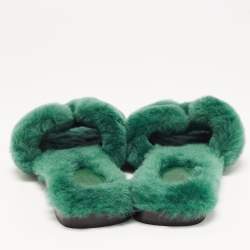 Pre Owned Hermes Green Shearling Fur Oran Flat Slides Size 37