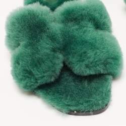 Pre Owned Hermes Green Shearling Fur Oran Flat Slides Size 37