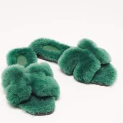 Pre Owned Hermes Green Shearling Fur Oran Flat Slides Size 37