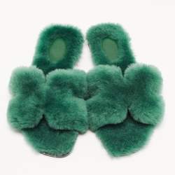 Pre Owned Hermes Green Shearling Fur Oran Flat Slides Size 37