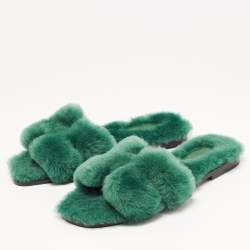 Pre Owned Hermes Green Shearling Fur Oran Flat Slides Size 37