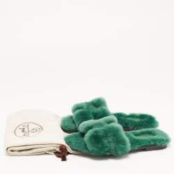 Pre Owned Hermes Green Shearling Fur Oran Flat Slides Size 37