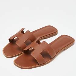 Hermès Brown Leather Oran  Flat Slides Size 38 