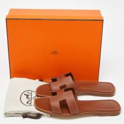 Hermès Brown Leather Oran  Flat Slides Size 38 