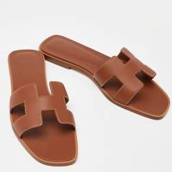 Hermès Brown Leather Oran  Flat Slides Size 38 