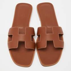 Hermès Brown Leather Oran  Flat Slides Size 38 