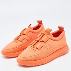 Hermès Orange Leather and Neoprene Low Top Sneakers Size 36