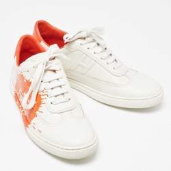 Pre Owned Hermes Off White/Orange Leather Splash Quicker Sneakers Size 39.5