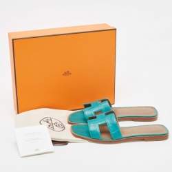 Hermes Green Matt Crocodile Oran Flat Slides Size 38.5