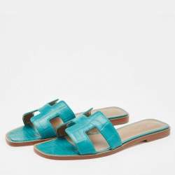 Hermes Green Matt Crocodile Oran Flat Slides Size 38.5