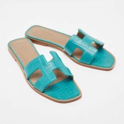 Hermes Green Matt Crocodile Oran Flat Slides Size 38.5