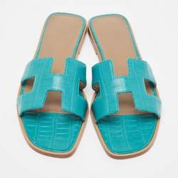 Hermes Green Matt Crocodile Oran Flat Slides Size 38.5
