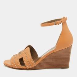 Hermes Tan Studded Leather Legend Wedge Sandals Size 40