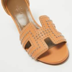 Hermes Tan Studded Leather Legend Wedge Sandals Size 40