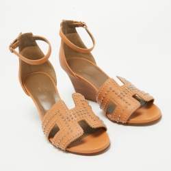 Hermes Tan Studded Leather Legend Wedge Sandals Size 40