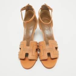 Hermes Tan Studded Leather Legend Wedge Sandals Size 40