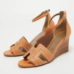 Hermes Tan Studded Leather Legend Wedge Sandals Size 40