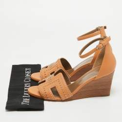 Hermes Tan Studded Leather Legend Wedge Sandals Size 40