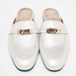 Hermes Silver Textured Suede Oz Flat Mules Size 36.5 