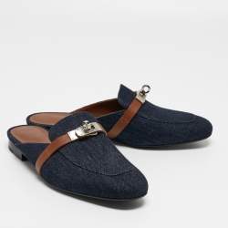 Hermes Navy Blue/Tan Denim and Leather Oz Flat Mules Size 37