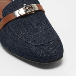 Hermes Navy Blue/Tan Denim and Leather Oz Flat Mules Size 37