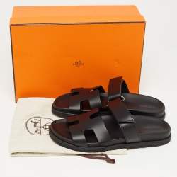 Hermes Black Leather Chypre Sandals Size 39.5