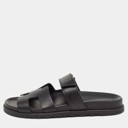 Hermes Black Leather Chypre Sandals Size 39.5