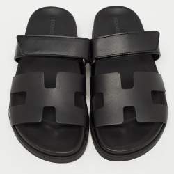 Hermes Black Leather Chypre Sandals Size 39.5