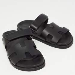 Hermes Black Leather Chypre Sandals Size 39.5