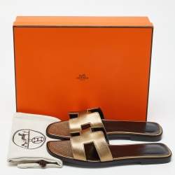 Hermès Gold Leather Oran Flat Slides Size 38