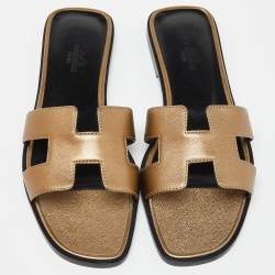مملوكة مسبقًا Hermès Gold Leather Oran Flat Slides Size 38