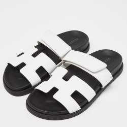 Hermes White/Black Leather Chypre Sandals Size 36