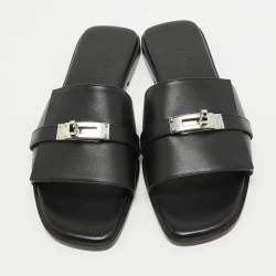 مملوكة مسبقًا Hermes Black Leather Gabriel Flat Slides Size 38