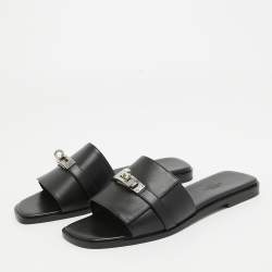 مملوكة مسبقًا Hermes Black Leather Gabriel Flat Slides Size 38