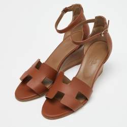 Hermes Brown Leather Legend Wedge Sandals Size 38