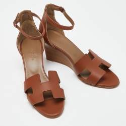Hermes Brown Leather Legend Wedge Sandals Size 38
