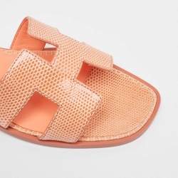 Hermès Peach Pink Lizard Oran Flat Slides Size 38