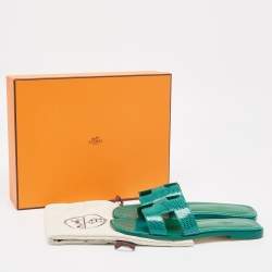 Hermès Green Lizard Oran Flat Slides Size 38