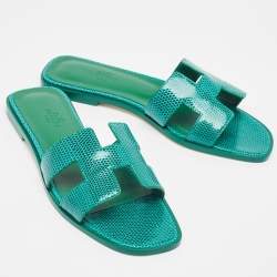 Hermès Green Lizard Oran Flat Slides Size 38