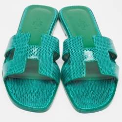 Hermès Green Lizard Oran Flat Slides Size 38