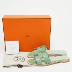 Hermès Green Lizard Oran Flat Slides Size 38